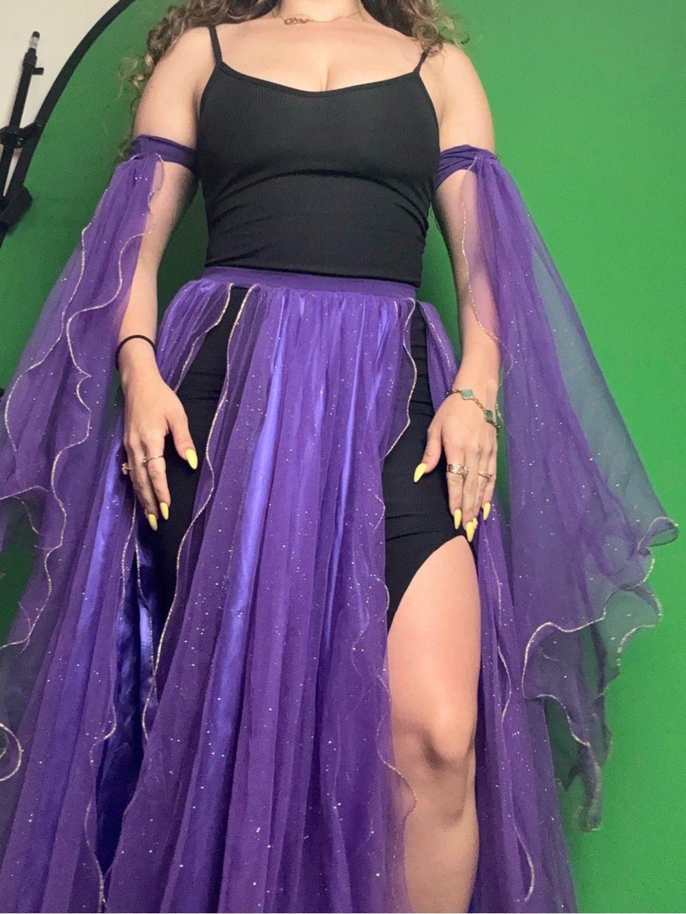 Belly dance Purple Glitter Sheer Tulle Maxi Skirt with Arm Drapes